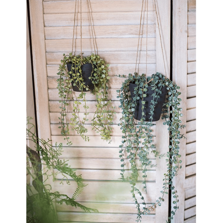 Hanging Faux Ceropegia Vine in Pot, two black pots on jute hangers with vines RusticReach on Tampa Home & Garden Store