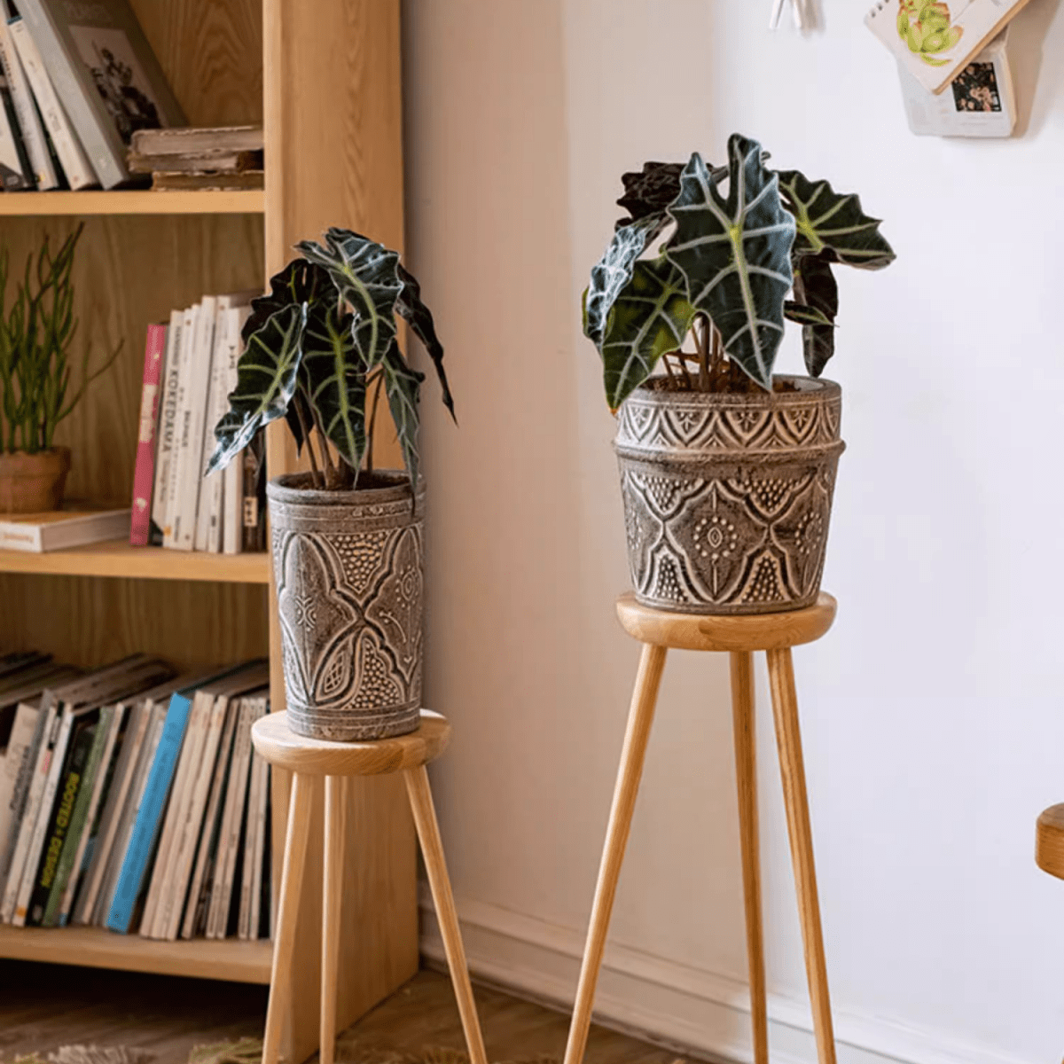 Classic Element Art Planter Clay Flowerpots, ornate ceramic pots with geometric patterns on wooden stands (two pieces) RusticReach on Tampa Home & Garden Store