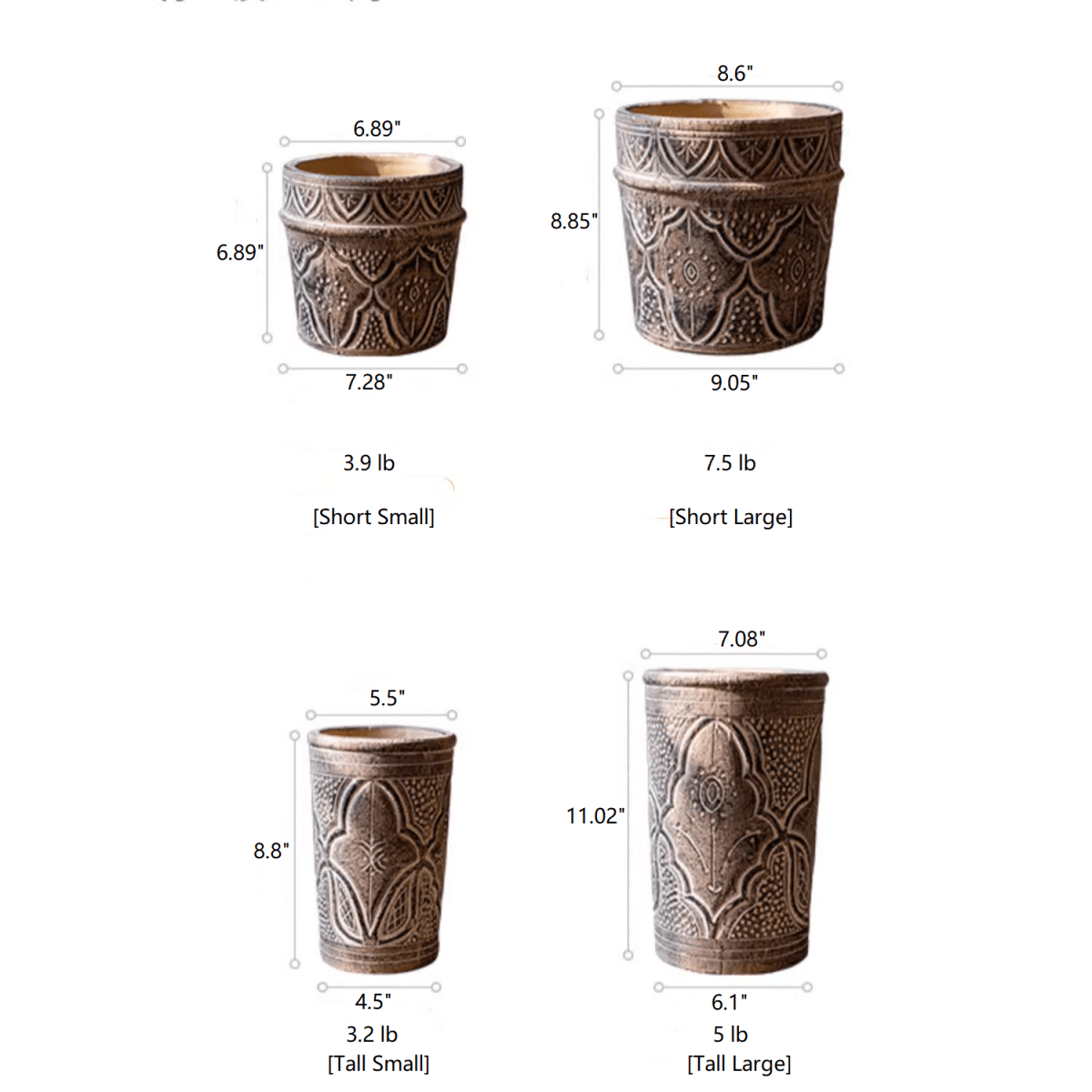 Classic Element Art Planter Clay Flowerpot by RusticReach, ornate brown pots in four sizes on Tampa Home & Garden Store