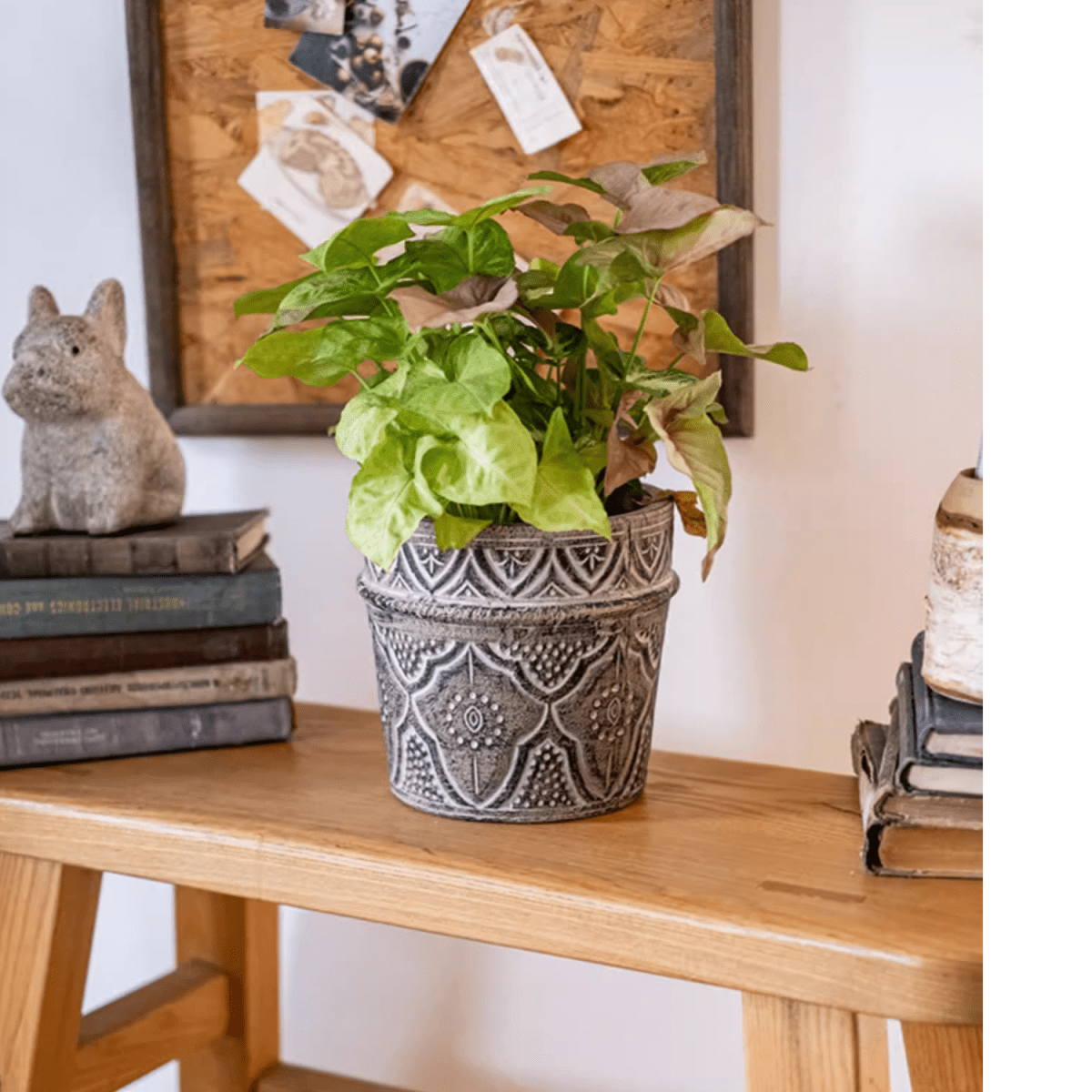 Classic Element Art Planter clay flowerpot by RusticReach with gray pattern and green plant on Tampa Home & Garden Store