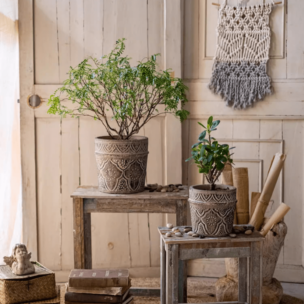 Classic Element Art Planters by RusticReach; ceramic greenery on two rustic wood stands on Tampa Home & Garden Store