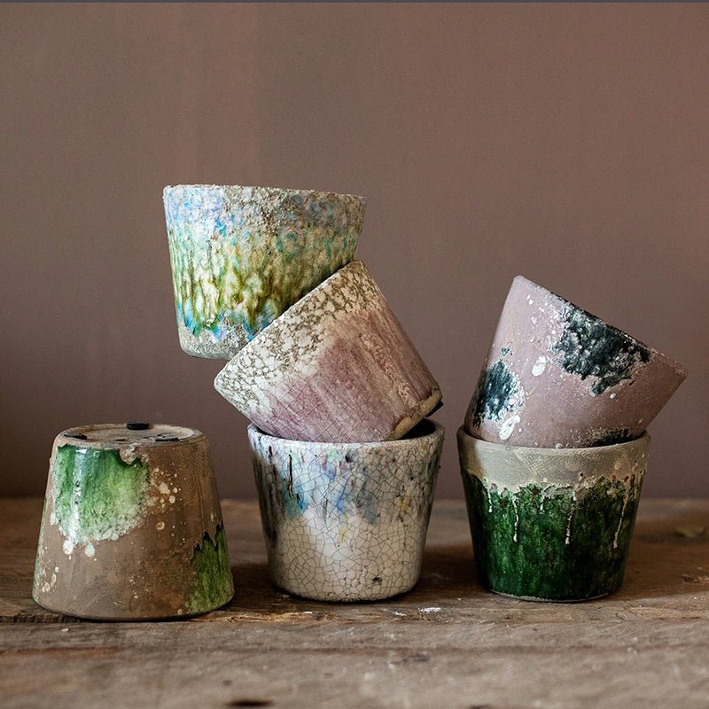 Colorful terracotta pots set of 5 with crackle glaze in greens, blues, pinks by RusticReach on Tampa Home & Garden Store