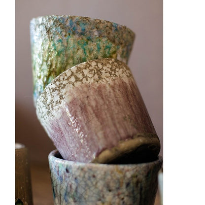 Colorful terracotta pot set of three with crackle glaze in teal, pink, and blue by RusticReach on Tampa Home & Garden Store
