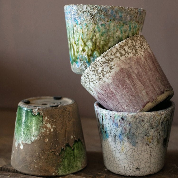 RusticReach colorful glazed terracotta pots set of four with crackle glaze in blue and lavender on Tampa Home & Garden Store