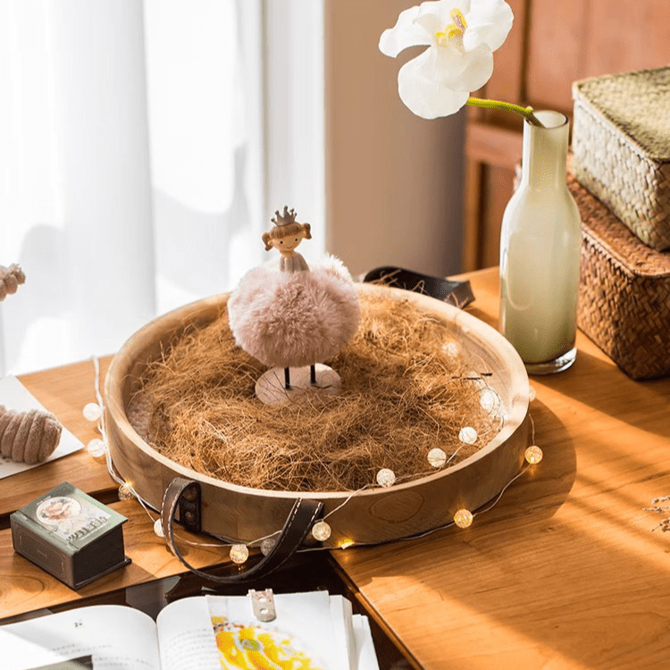 RusticReach coconut fiber pot soil padding set of 3, tan fiber nest with pink sheep on tray on Tampa Home & Garden Store