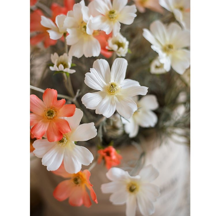 Faux Silk Cosmos stem in orange and white, 24in tall, multiple blooms, RusticReach on Tampa Home & Garden Store