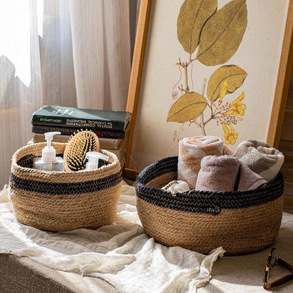 Cotton Blend Woven Storage Basket set of 2 natural with black trim, towels and essentials on Tampa Home & Garden Store