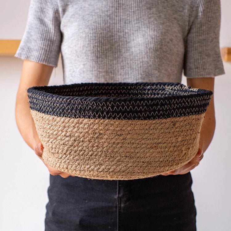 Cotton Blend Woven Storage Basket in tan natural fiber with a navy rim by RusticReach on Tampa Home & Garden Store