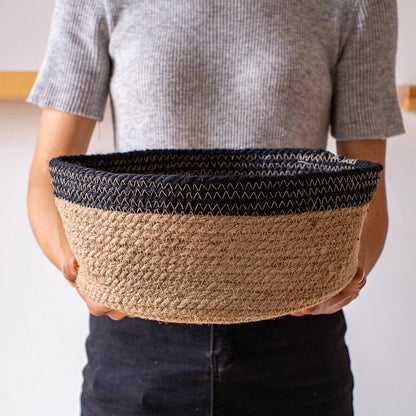 Cotton Blend Woven Storage Basket in tan natural fiber with a navy rim by RusticReach on Tampa Home & Garden Store