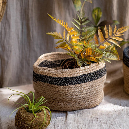 Cotton Blend Woven Storage Basket by RusticReach, round natural fiber with a black stripe on Tampa Home & Garden Store
