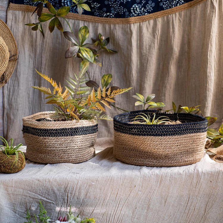 Cotton blend woven storage basket set of 2, natural tan with navy band RusticReach on Tampa Home & Garden Store