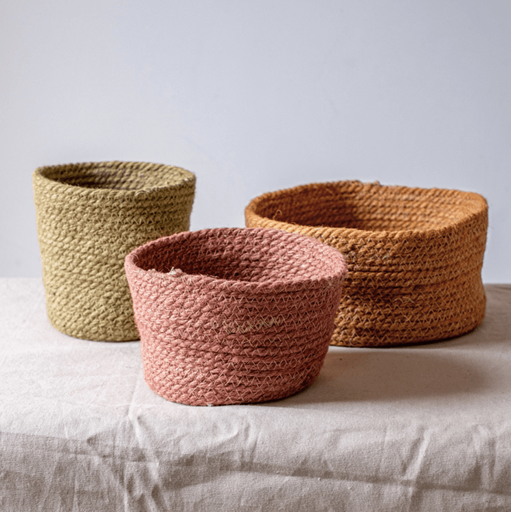 Cotton rope woven basket desktop organizer set of 3 in beige pink and terracotta on Tampa Home & Garden Store
