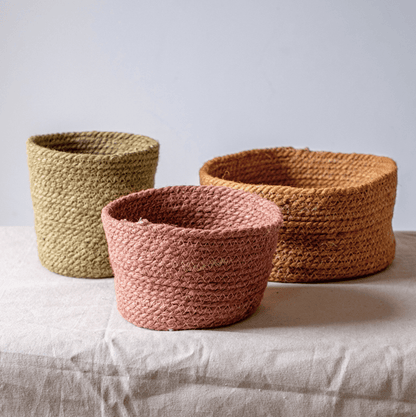 Cotton rope woven basket desktop organizer set of 3 in beige pink and terracotta on Tampa Home & Garden Store