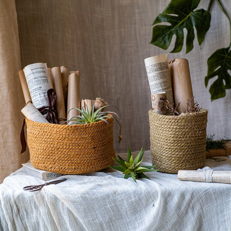 Cotton rope woven basket desktop organizer set of 2 in orange and natural tones RusticReach on Tampa Home & Garden Store