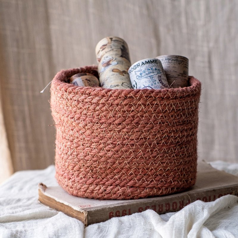 Cotton rope woven basket desktop organizer by RusticReach, pink-brown color storage container on Tampa Home & Garden Store