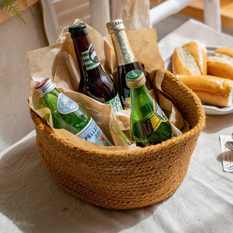 Cotton rope woven basket desktop organizer in brown holding 4 bottles RusticReach on Tampa Home & Garden Store
