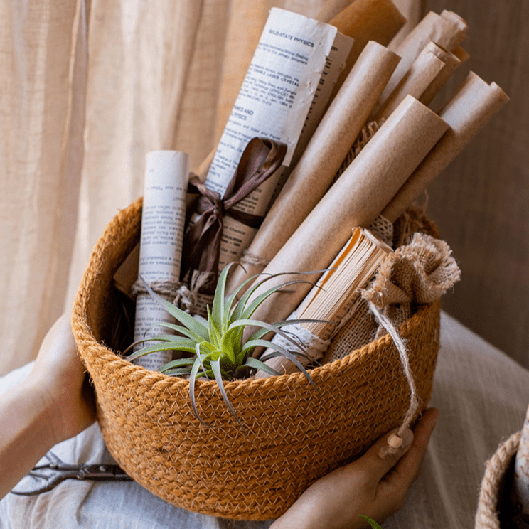 RusticReach cotton rope woven basket desktop organizer, brown with rolled papers and succulent on Tampa Home & Garden Store