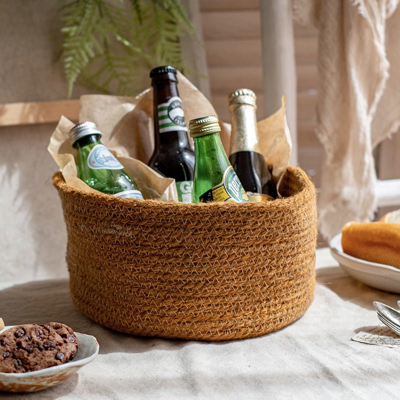 Cotton rope woven basket desktop organizer in brown by RusticReach with beer bottles on Tampa Home & Garden Store