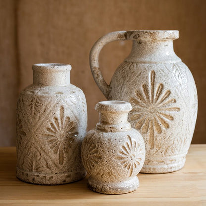 Carved Floral Vase in White set of 3 vases with crackled glaze RusticReach on Tampa Home & Garden Store