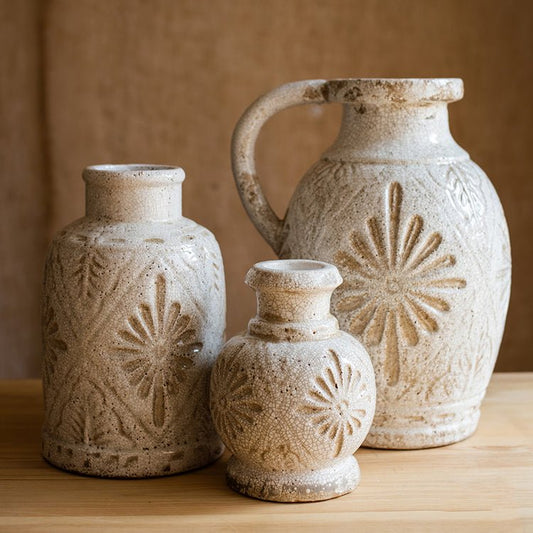 Carved Floral Vase in White set of 3 vases with crackled glaze RusticReach on Tampa Home & Garden Store
