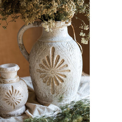 Carved Floral Vase in White by RusticReach; crackled glaze and floral relief on two vases on Tampa Home & Garden Store