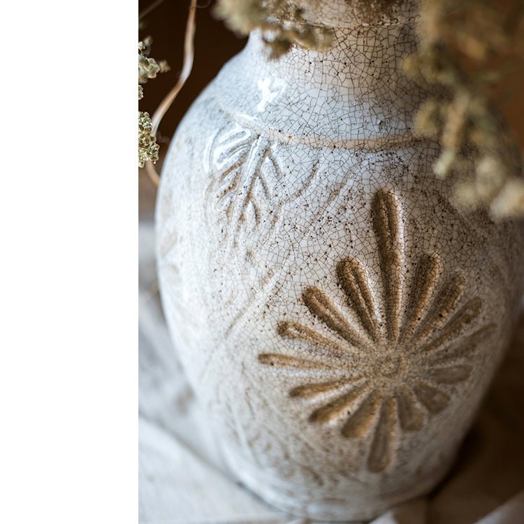 Carved Floral Vase in White by RusticReach with crackled glaze and raised floral motif on Tampa Home & Garden Store