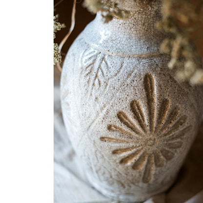 Carved Floral Vase in White by RusticReach with crackled glaze and raised floral motif on Tampa Home & Garden Store