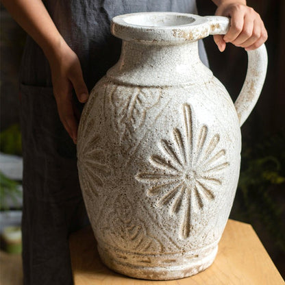 Carved Floral Vase in White ceramic with crackle glaze, RusticReach vase on Tampa Home & Garden Store
