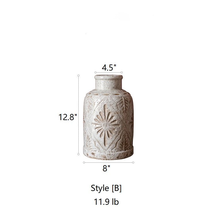 Carved Floral Vase in White by RusticReach; ceramic vase, speckled glaze, 12.8in tall, 8in dia on Tampa Home & Garden Store