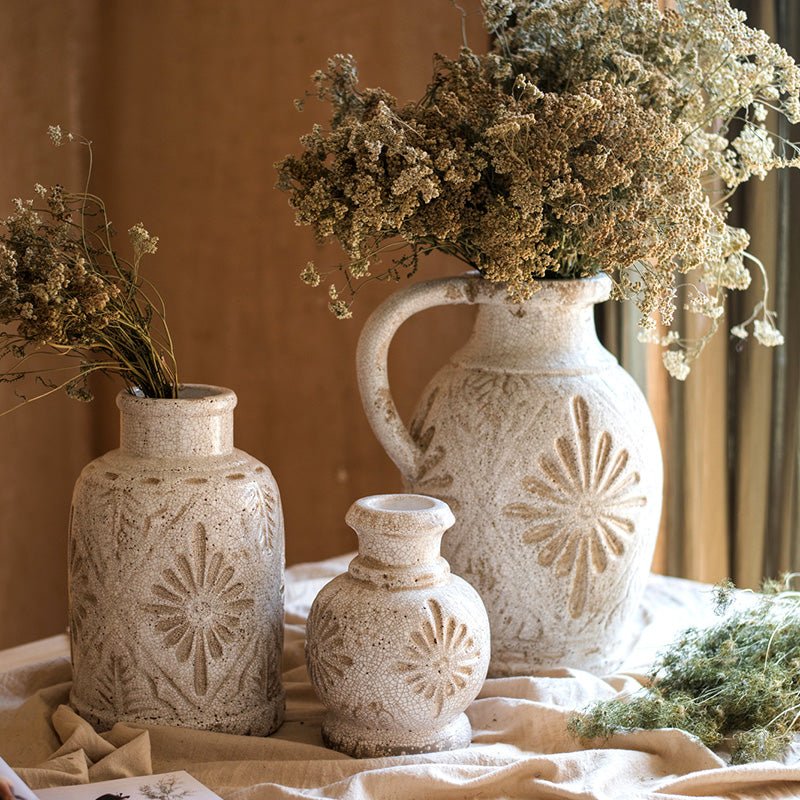 Carved Floral Vase in White by RusticReach, set of 3 speckled ceramic vases with floral motifs on Tampa Home & Garden Store
