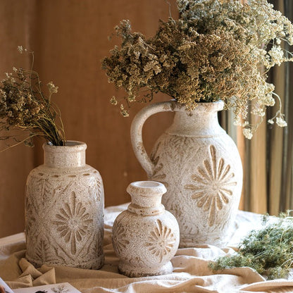 Carved Floral Vase in White by RusticReach, set of 3 speckled ceramic vases with floral motifs on Tampa Home & Garden Store