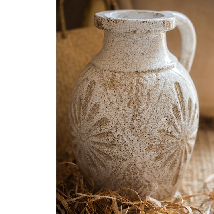 Carved Floral Vase in White Ceramic with Crackle Glaze by RusticReach on Tampa Home & Garden Store
