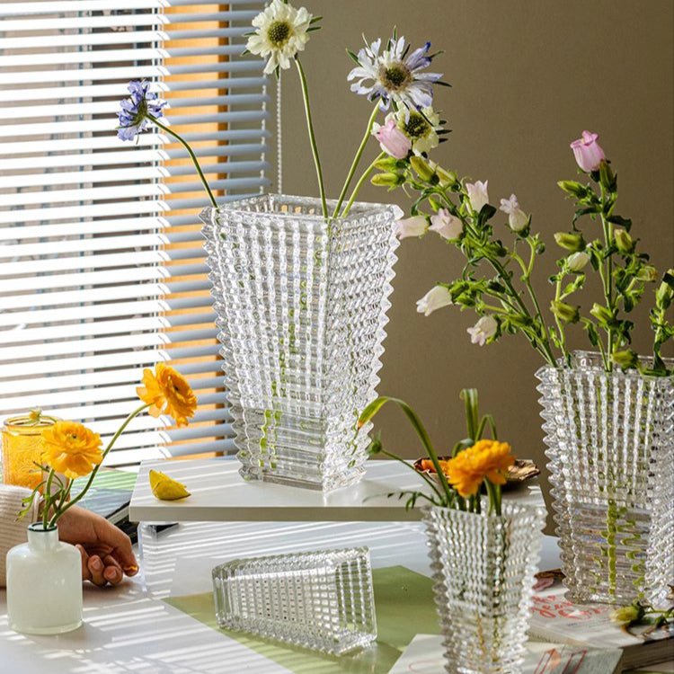 Crystal-Cut Look Glass Vase by RusticReach, clear 3-piece vase set with blooms on Tampa Home & Garden Store