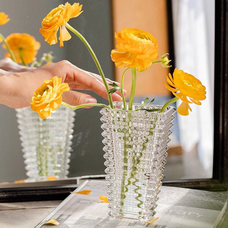 Crystal-Cut Look Glass Vase, clear ribbed glass with yellow ranunculus stems on Tampa Home & Garden Store