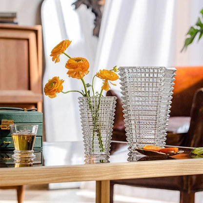 Two Crystal-Cut Glass Vases by RusticReach; clear faceted vases with yellow blooms on table on Tampa Home & Garden Store