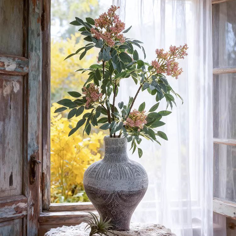 Cottage Garden Blossom Stem 35.4 tall plant in a gray ceramic vase with pink blossoms on Tampa Home & Garden Store