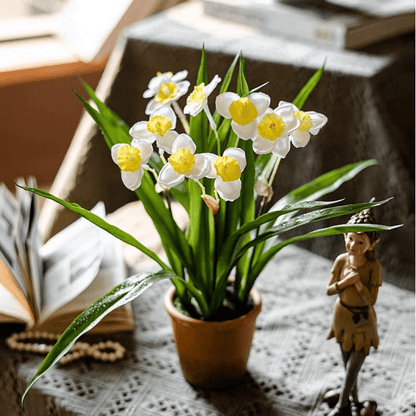 Faux Daffodil in Brown Pot with white petals, yellow centers, and green leaves, RusticReach on Tampa Home & Garden Store