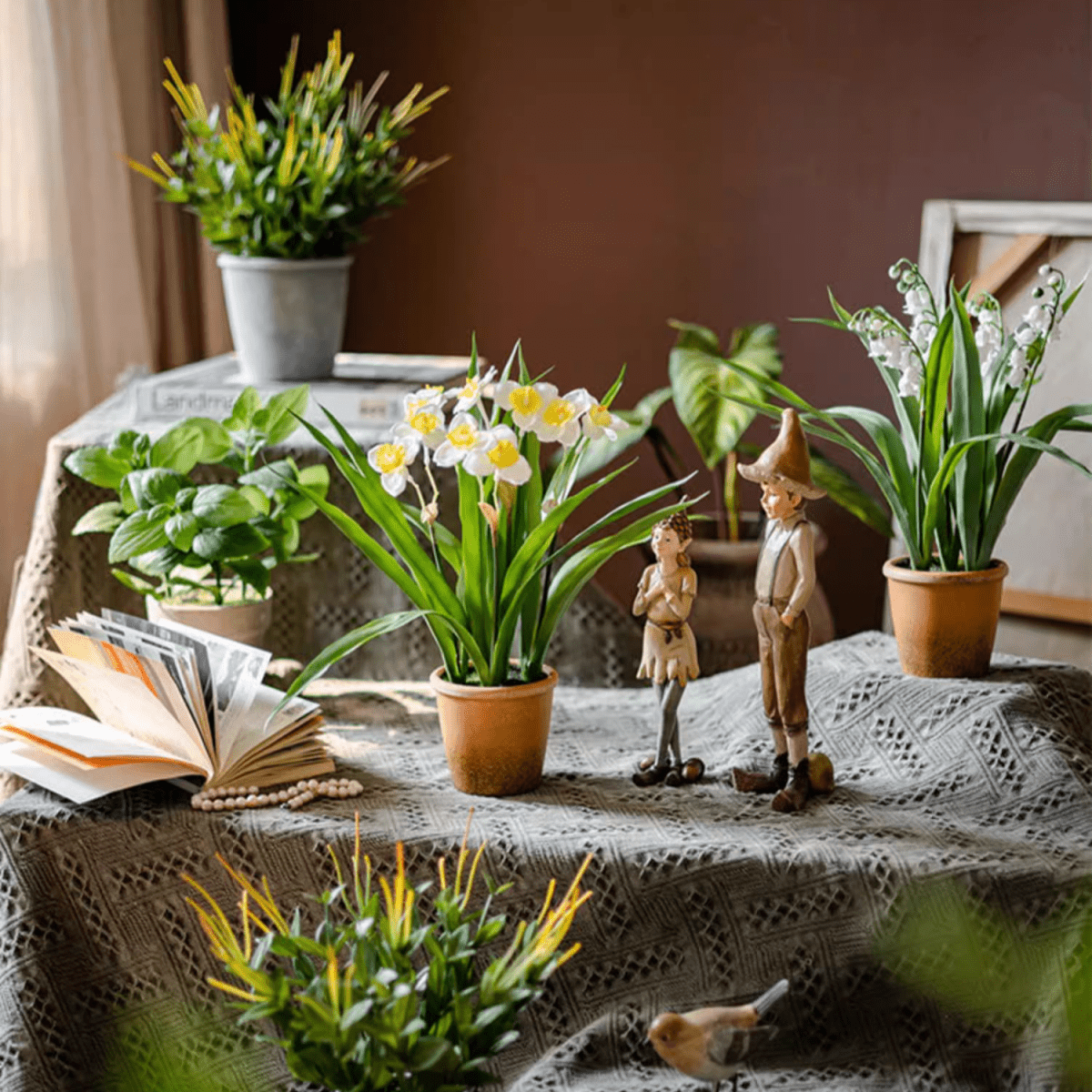 Faux Daffodil in Brown Pot with white petals and yellow centers and green leaves on Tampa Home & Garden Store