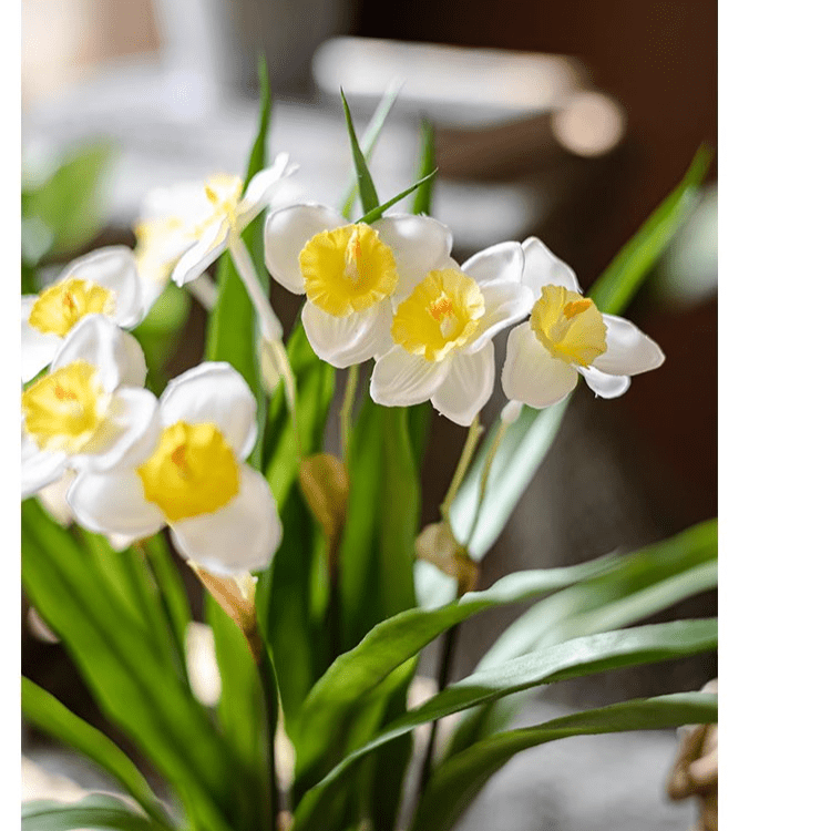 Faux Daffodil in brown pot with white petals, yellow centers, and green foliage, RusticReach on Tampa Home & Garden Store