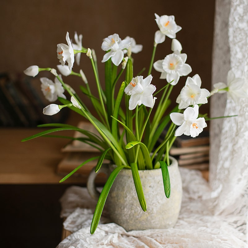 Faux Silk White Daffodil Stem by RusticReach, 19 in tall with green leaves in stone mug vase on Tampa Home & Garden Store
