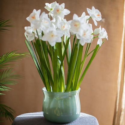 Faux Silk White Daffodil Stem, 19in tall, in pale green vase, RusticReach artificial flora on Tampa Home & Garden Store