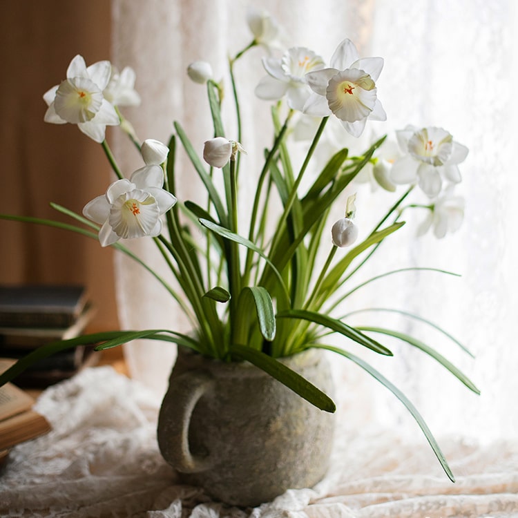 Faux Silk White Daffodil Flower Stem RusticReach, 19in tall with green leaves in rustic mug on Tampa Home & Garden Store