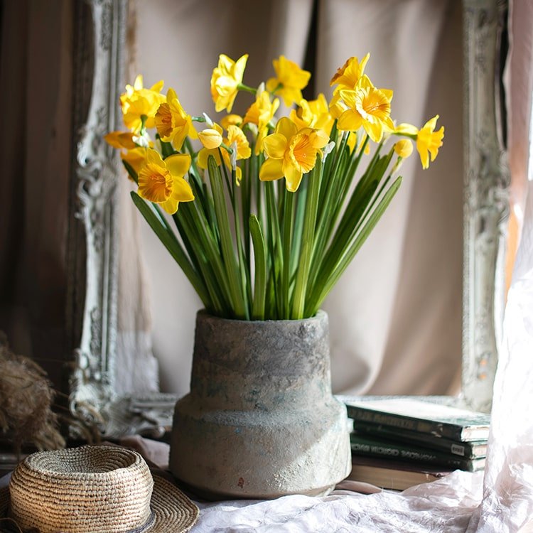 Artificial Silk Yellow Daffodil Stem 19 Inch Tall in Rustic Concrete Vase RusticReach on Tampa Home & Garden Store