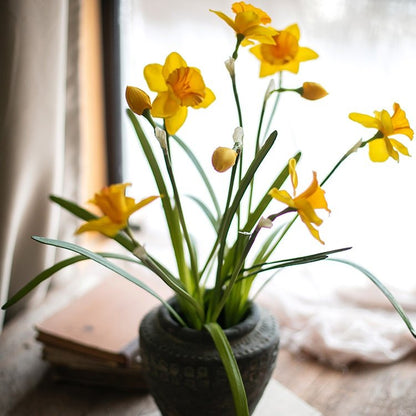 RusticReach artificial silk yellow daffodil flower stem 19 inches tall in a dark textured pot on Tampa Home & Garden Store