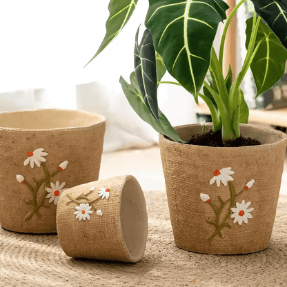 Daisy Garden Cement Planter set by RusticReach, burlap-wrapped cement planters with painted daisies, three pieces on Tampa Home & Garden Store