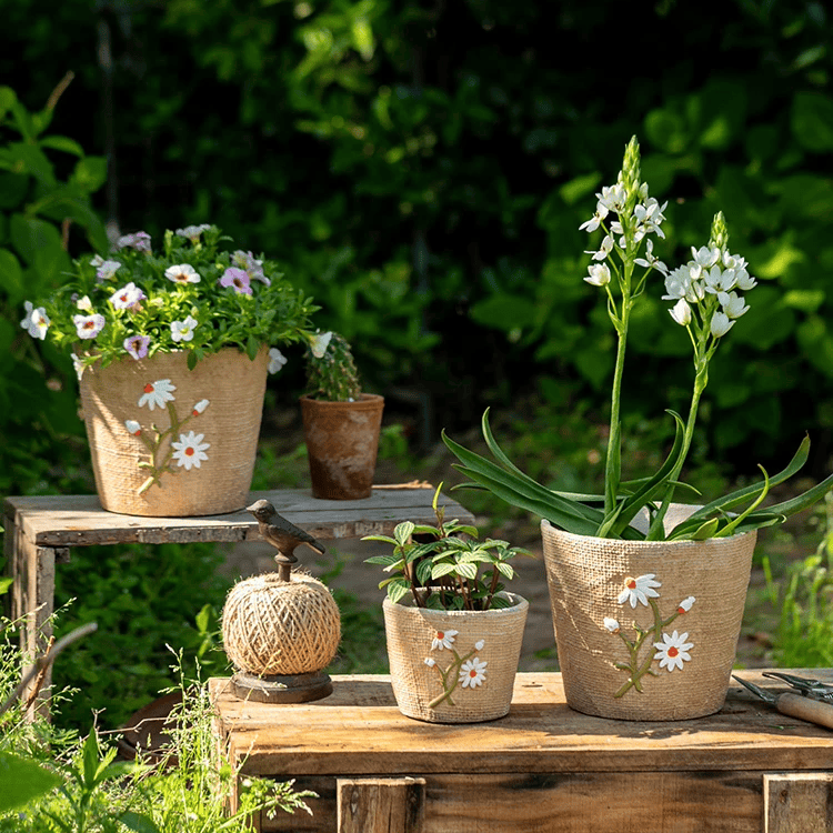 Daisy Garden Cement Planter four RusticReach pots with white daisies on Tampa Home & Garden Store