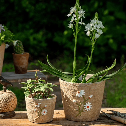 Daisy Garden Cement Planters burlap-wrapped with white daisy embroidery RusticReach planters on Tampa Home & Garden Store