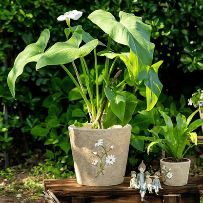 Daisy Garden Cement Planter two-piece burlap-textured beige set with white daisies on Tampa Home & Garden Store
