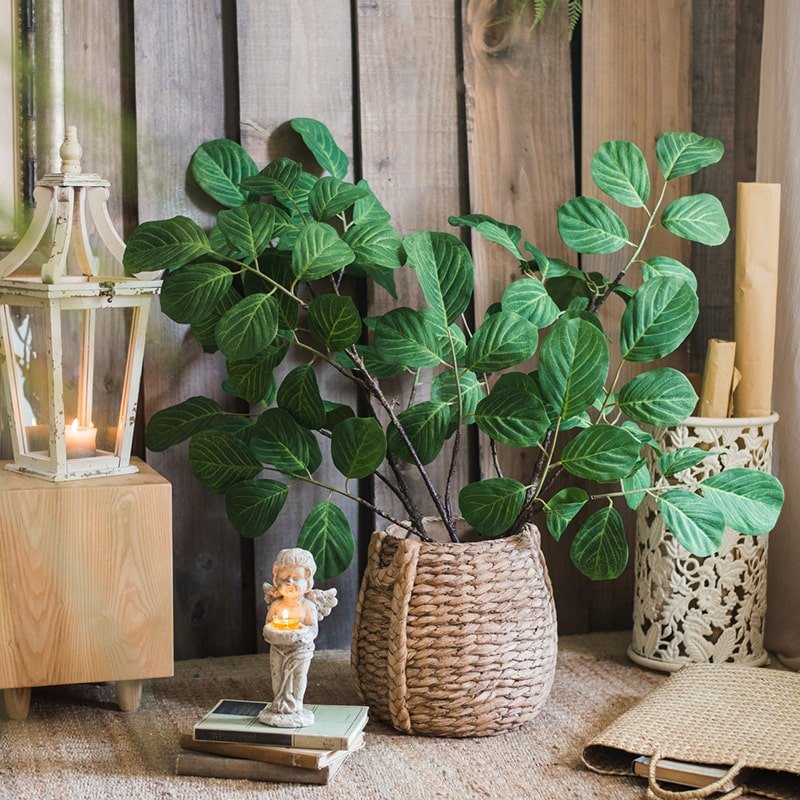 Artificial Faux Large Dans Leaf Plant RusticReach with green leaves in a woven rope basket on Tampa Home & Garden Store