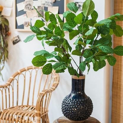 Artificial Faux Large Dans Leaf Stem Plant with green leaves in a dark bubbled ceramic vase on Tampa Home & Garden Store